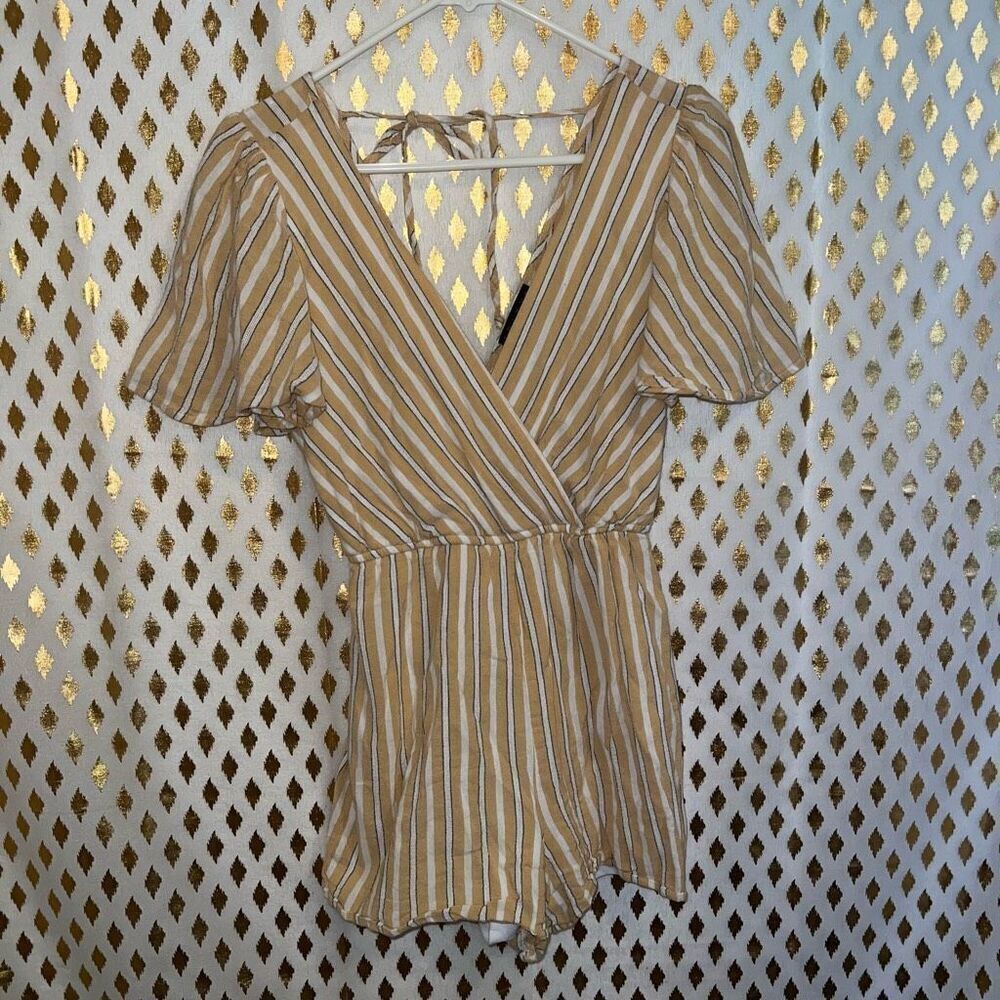 Trixxi Striped Flutter Sleeve Faux Wrap Tie Romper Yellow jumpsuit Size S
